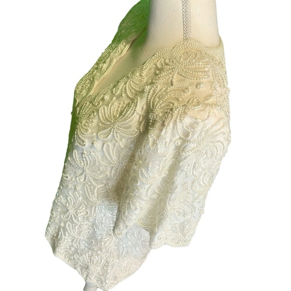 Laurence Kazar Vintage Ivory Pearl Beaded Scalloped Trim Short Sleeve Blouse MP - Picture 5 of 16